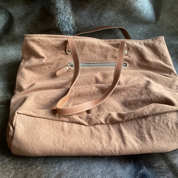 Myra Bag Big Hair Hide Tooled Leather Canvas Tote Handbag - Picture 10 of 11